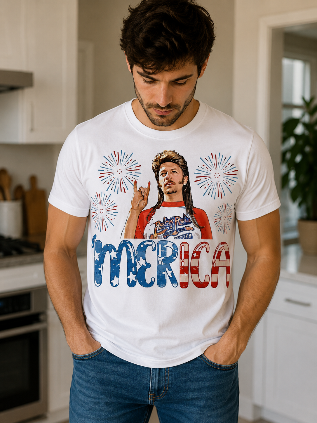 Casual kitchen portrait with 'Merica shirt