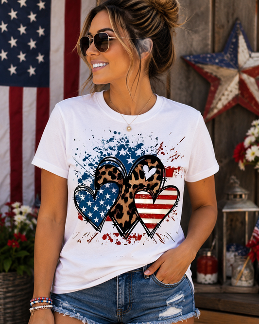 All American Hearts Patriotic Leopard Print Shirt  Red, White & Blue USA