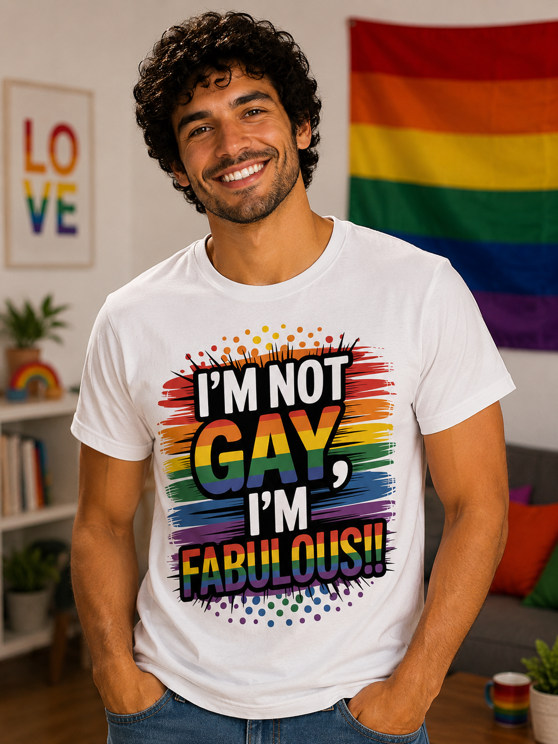 Smiling man in pride-themed space