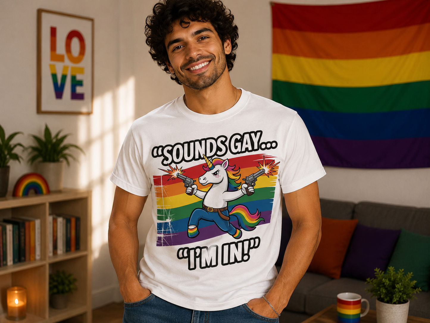 Smiling man in rainbow-themed room